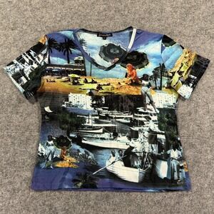 Y2K Jessica Max Crop Shirt Womens Large Blue Beach Travel Graphic Rhinestone USA